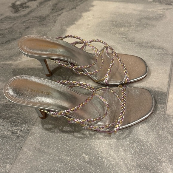 Larroude Ibiza Mules Silver Metallic Woven Braid Strap Heel Sandals size 7 - Picture 5 of 11